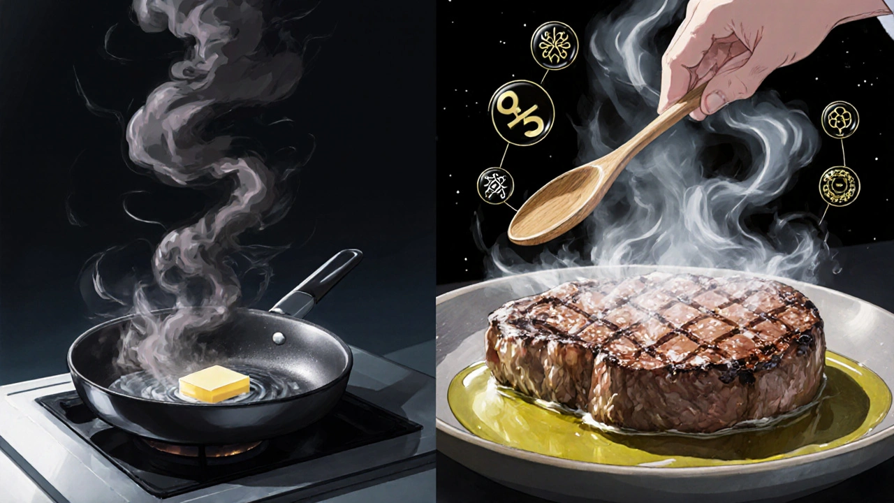 Butter and coconut oil smoking vs. avocado oil searing steak with health icons glowing nearby.