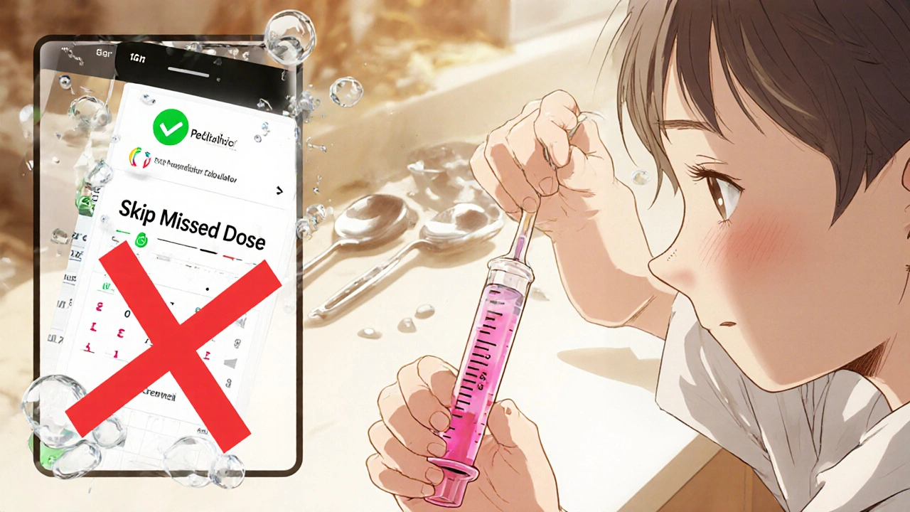 Child accurately uses an oral syringe to take medicine, guided by a safety app on phone.