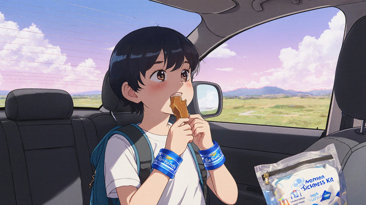 Child in car looking at horizon, wearing acupressure bands and eating ginger candy.