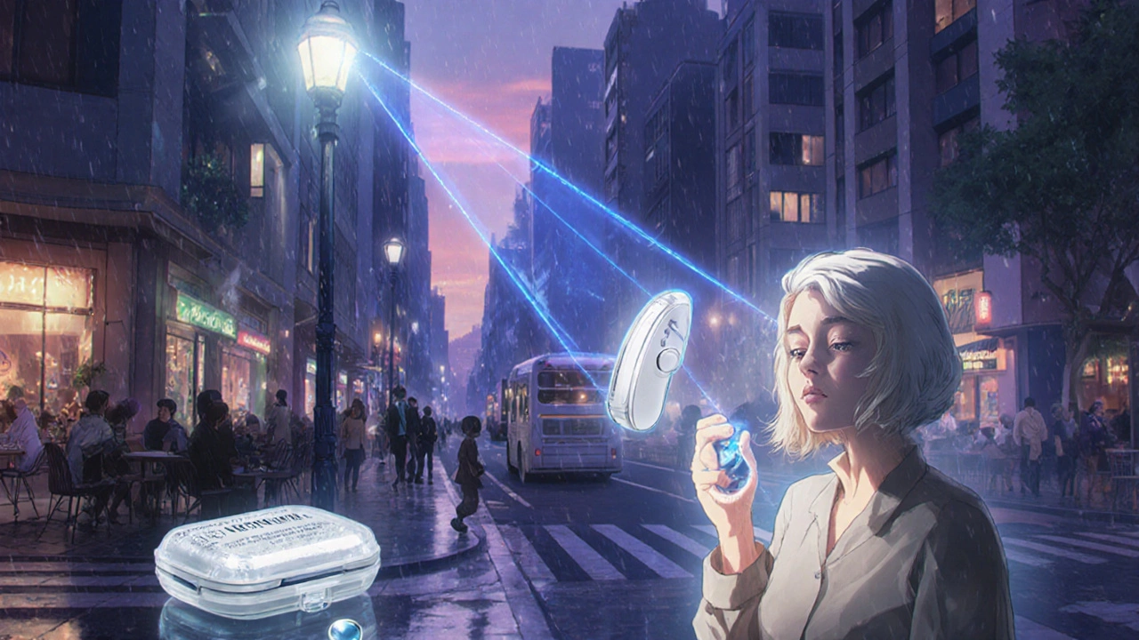 Cityscape at dusk with people connected by invisible sound streams from public speakers via LE Audio.