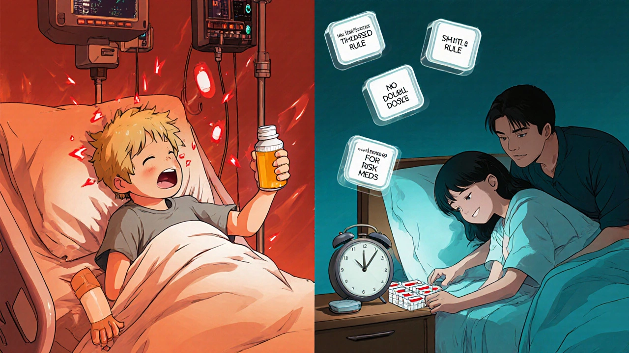 Contrasting scenes: child in medical emergency vs. safe, organized medication routine.