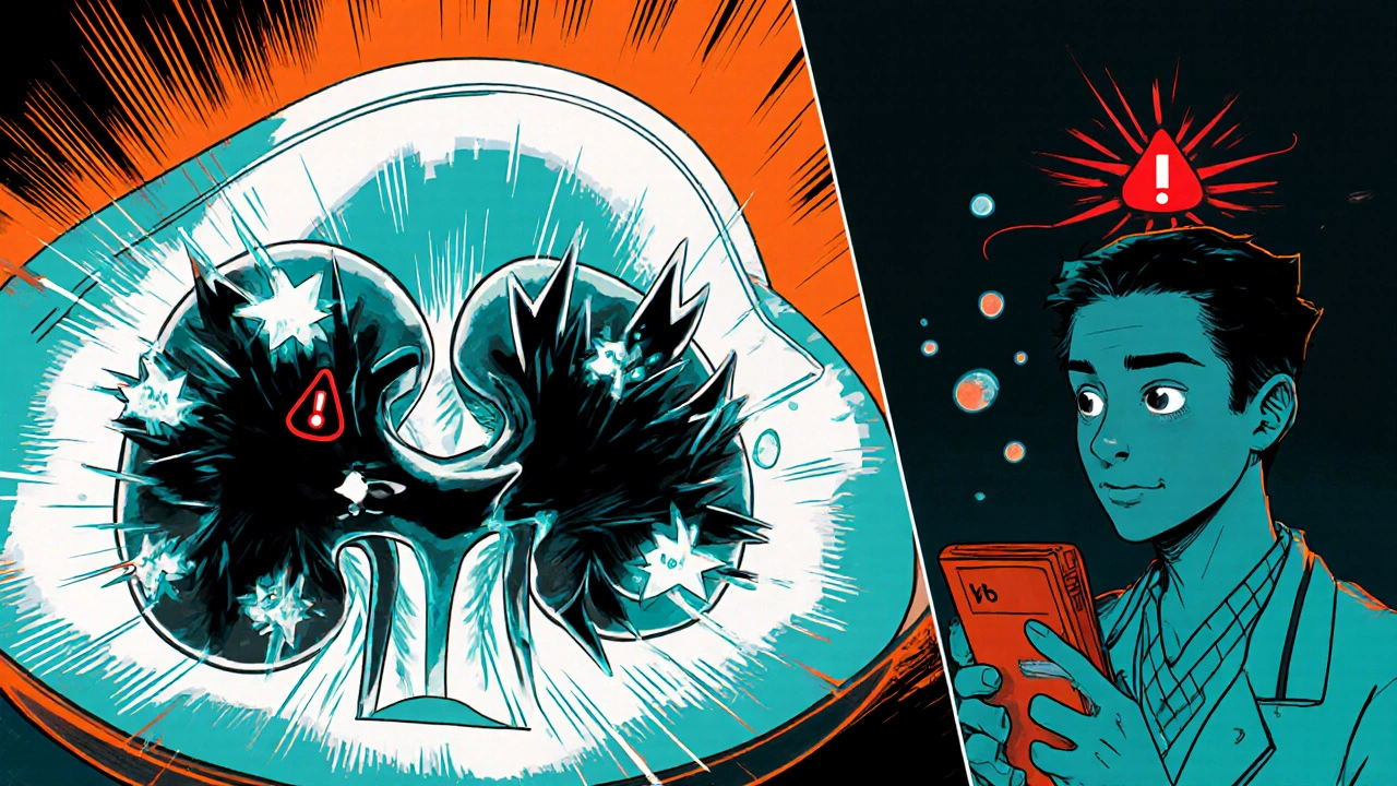 Cross-section of kidney tubule with blocked sodium channels and trapped potassium ions, doctor reacting to alarming blood test.