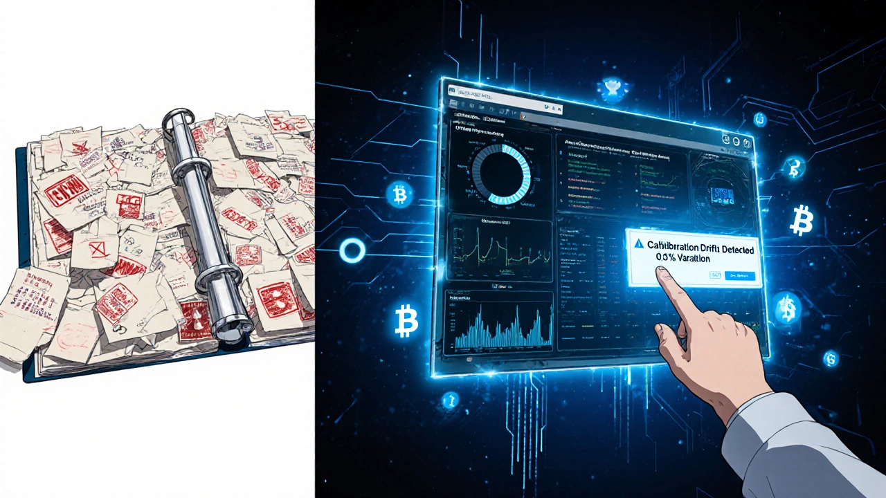 Digital CAPA dashboard with AI alerts and blockchain chains floating beside old paper records.