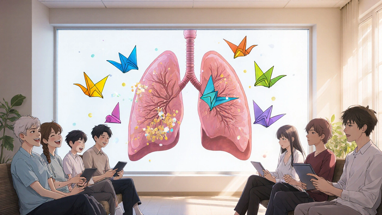 Diverse CF patients in a clinic, with a holographic lung clearing mucus as molecular cranes float around.