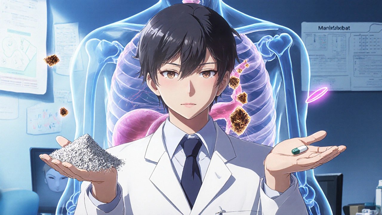 Doctor holding cholestyramine powder and maralixibat pill, with translucent bile duct blockage behind.