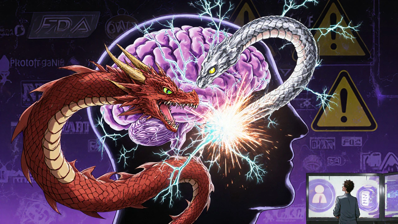 Dragon and serpent battling inside a brain, neurons cracking as serotonin explodes, patient watching helplessly from afar.