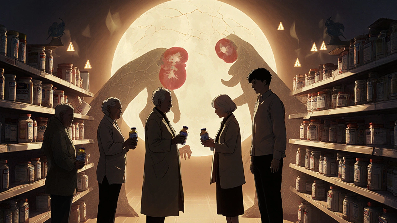 Elderly patients in a pharmacy, their shadows forming damaged kidneys, one reaching to stop someone from taking NSAIDs.