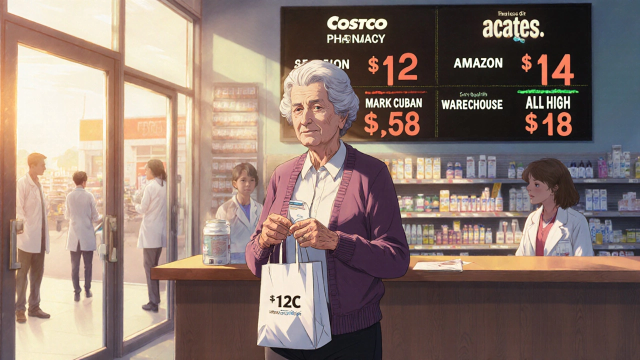 Elderly woman receiving affordable medication at Costco pharmacy, price tag clearly visible, warm lighting.