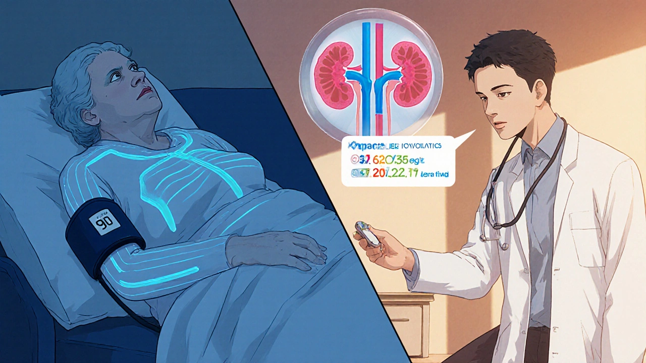 Elderly woman with low blood pressure as doctor checks her orthostatic readings.