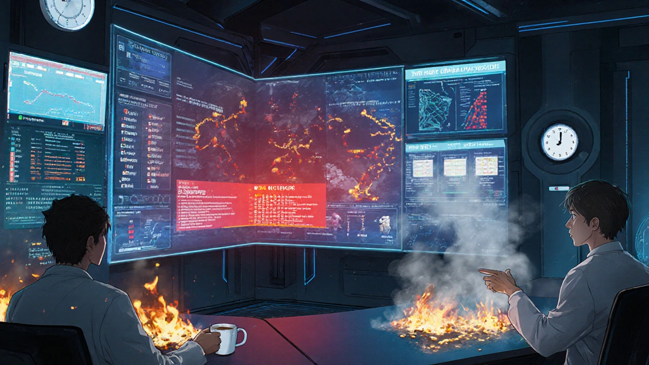 FDA control room with holographic risk data and blockchain traceability glowing above a flagged shipment.