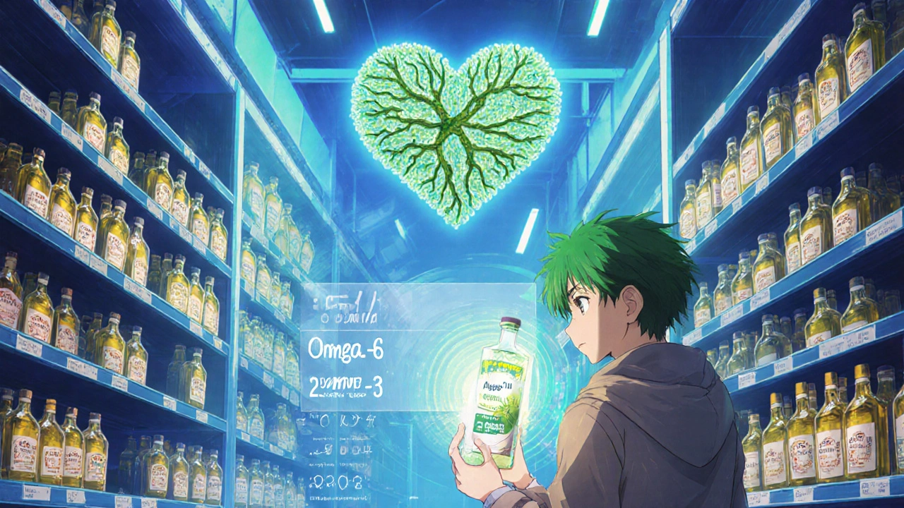Grocery aisle with algae oil glowing, shopper viewing holographic fat ratios and a pulsing heart symbol.