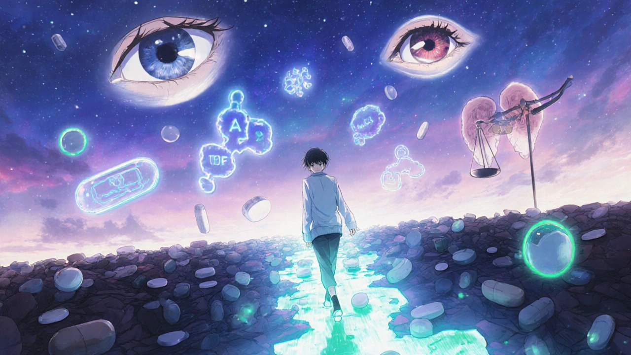 Patient walking across a bridge from steroid pills to biologic treatments, symbols of side effects fading in twilight.