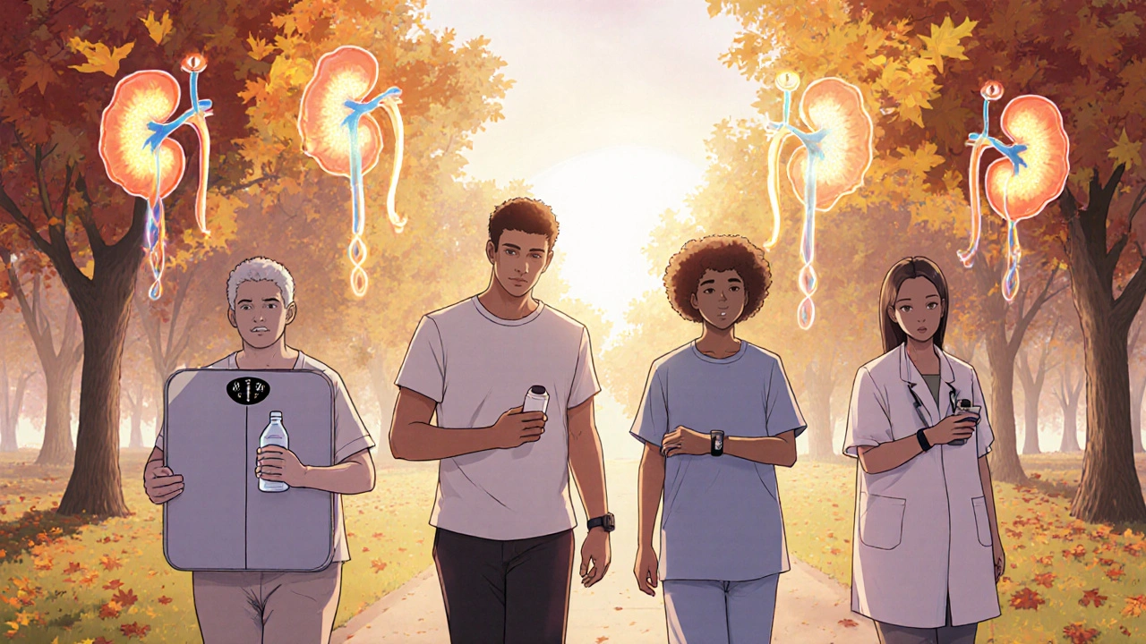 Patients managing SGLT2 inhibitor side effects while walking in a sunlit park.