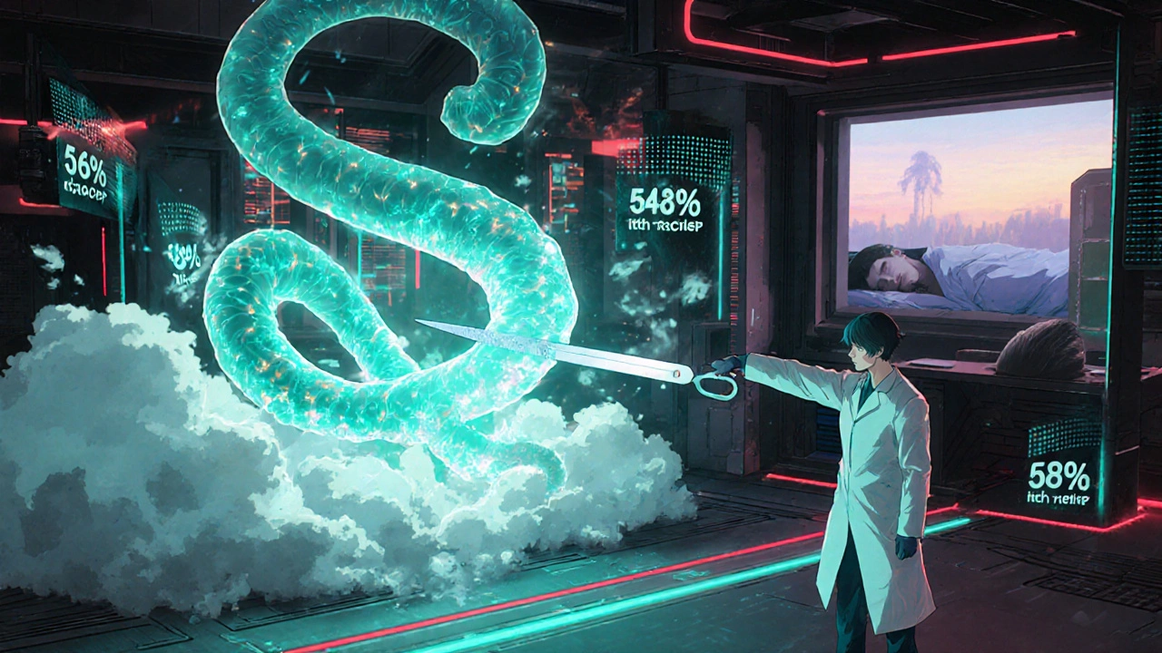 Scientist activating antisense drug that destroys autotaxin enzyme, bile acids dissolving in neon light.