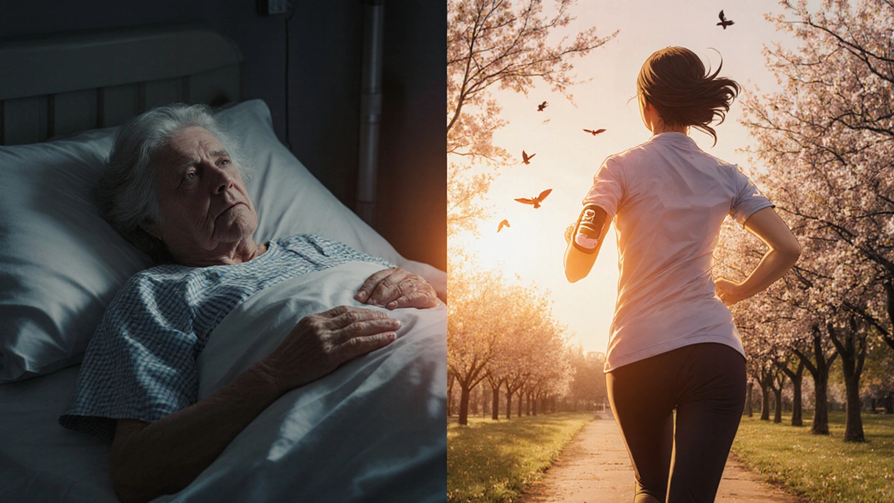Split scene: a frail elderly woman in hospital vs. a vibrant woman jogging at sunrise, symbolizing HRT’s protective benefits.