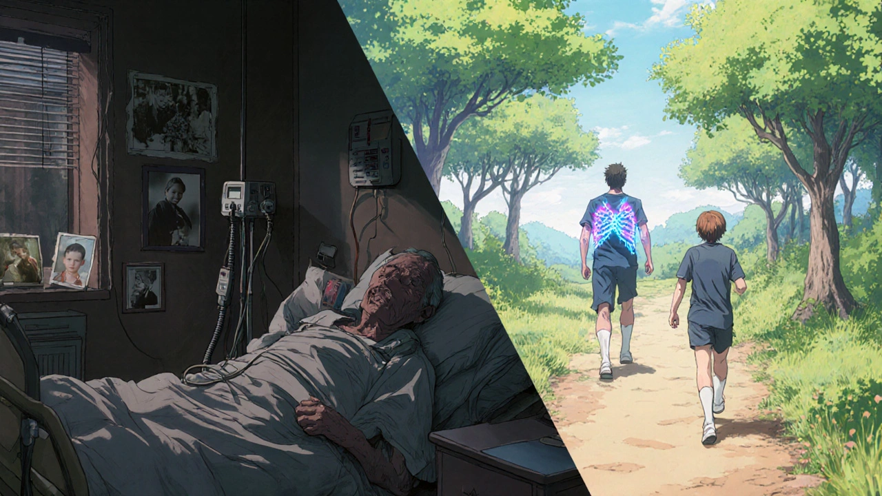 Split scene: an elderly patient in a hospital vs. the same person hiking freely outdoors, symbolizing CF treatment progress.