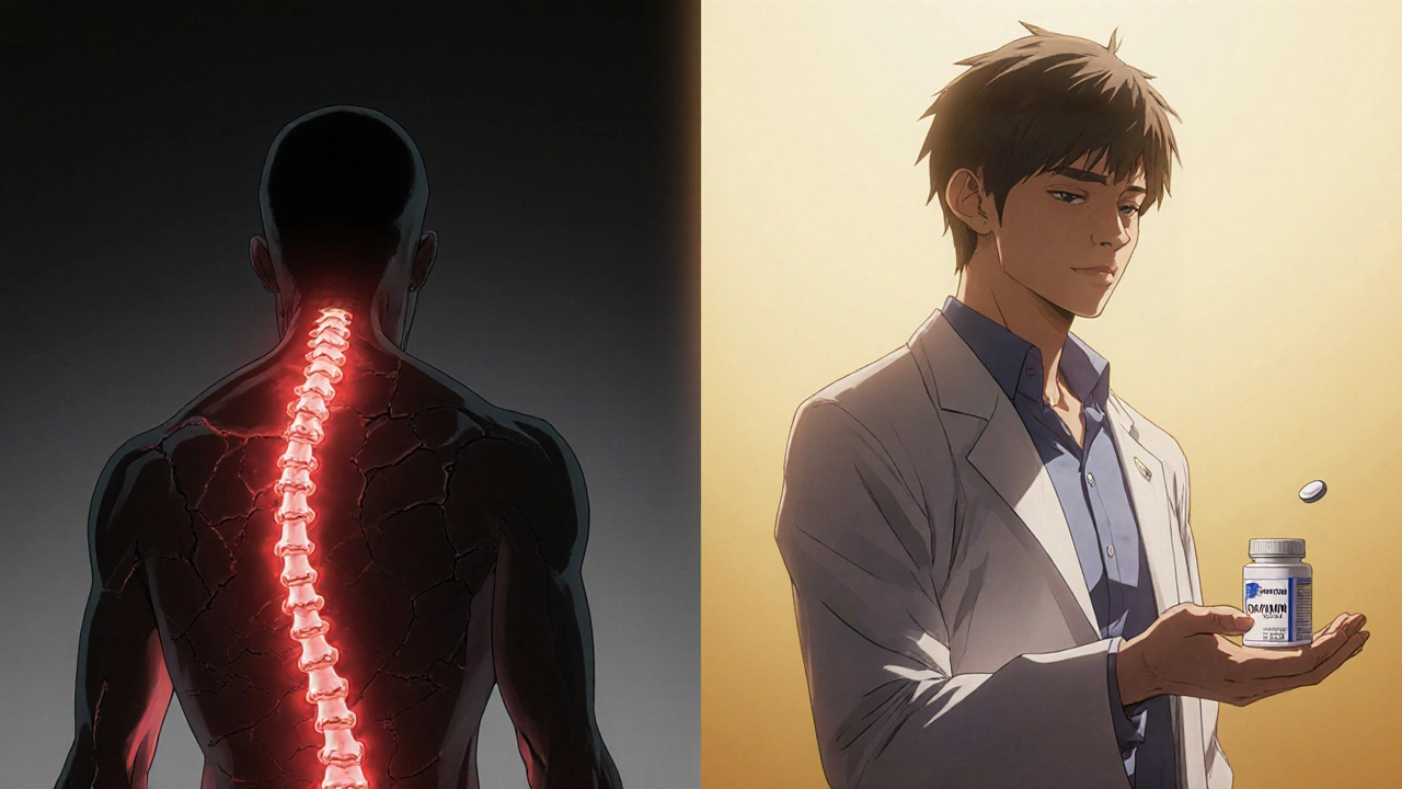 Split scene: brittle bones fading into person holding calcium and vitamin D supplements with doctor’s guidance.