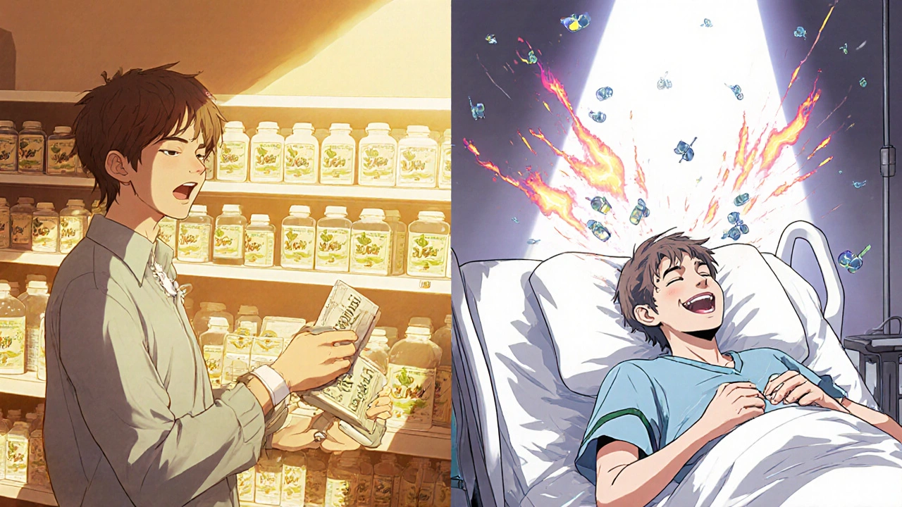 Split scene: person buying supplement in warm light vs. same person in hospital bed with violent symptoms under cold lights.