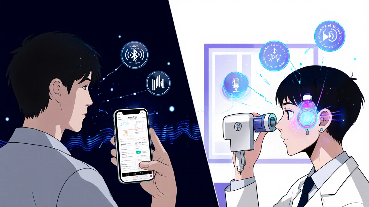 Split scene: person self-fitting hearing aid via app vs. audiologist using real-ear measurement equipment.