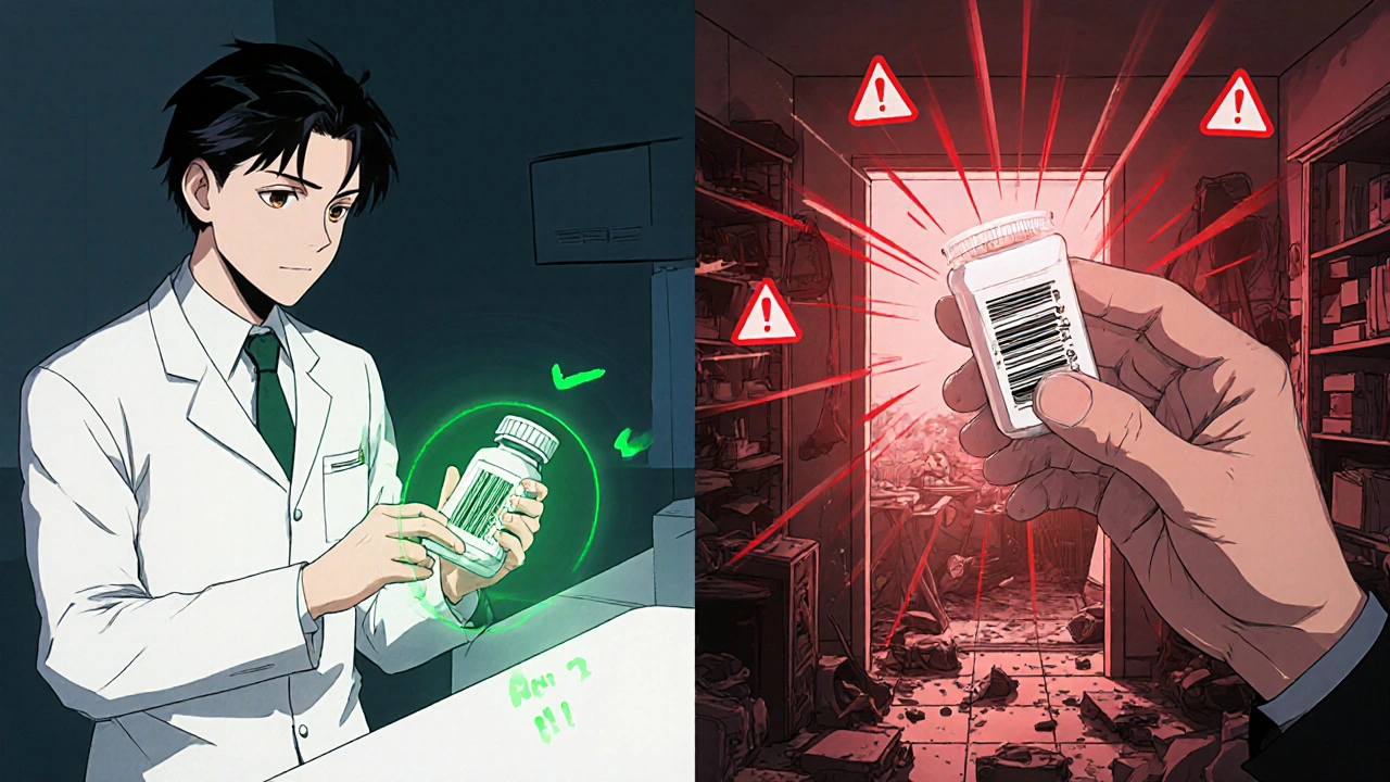 Split scene: pharmacist scanning barcode vs. person taking wrong dose at home.
