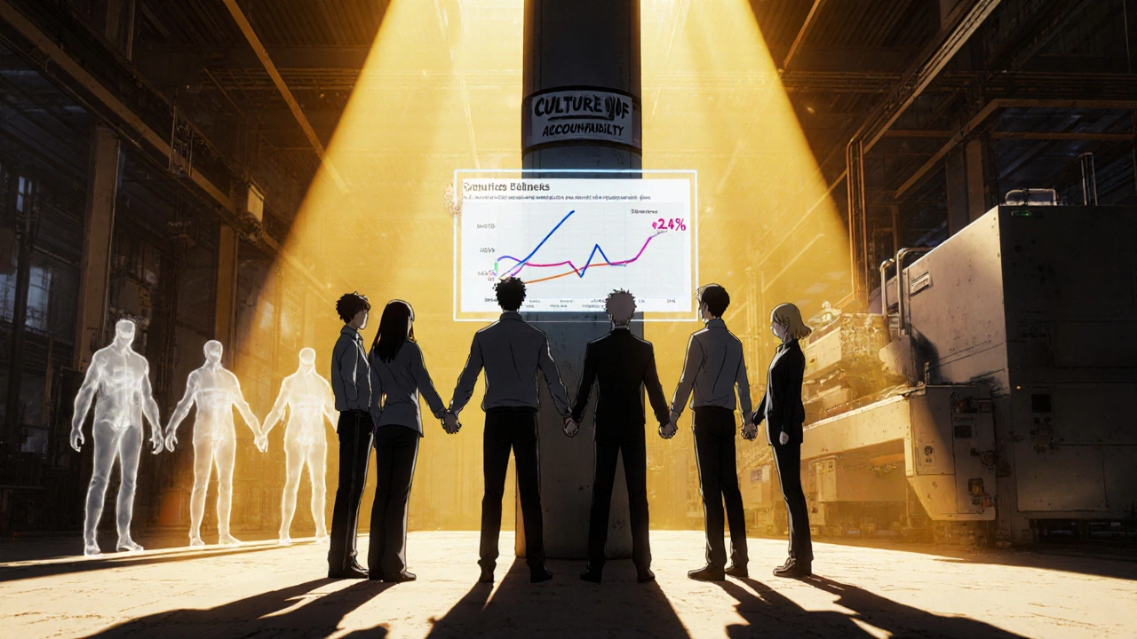 Team celebrating reduced defects on a live dashboard as past failures fade away.