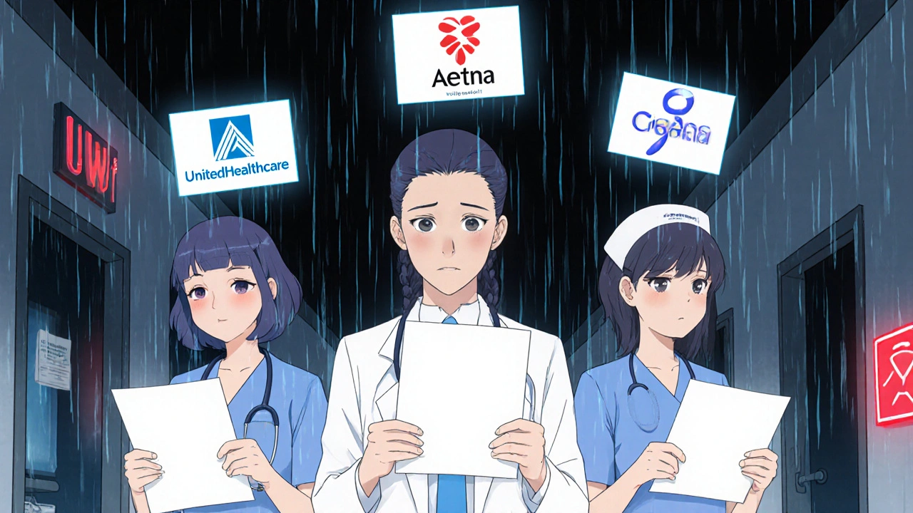 Three healthcare workers in a hallway, burdened by floating insurer logos above them.