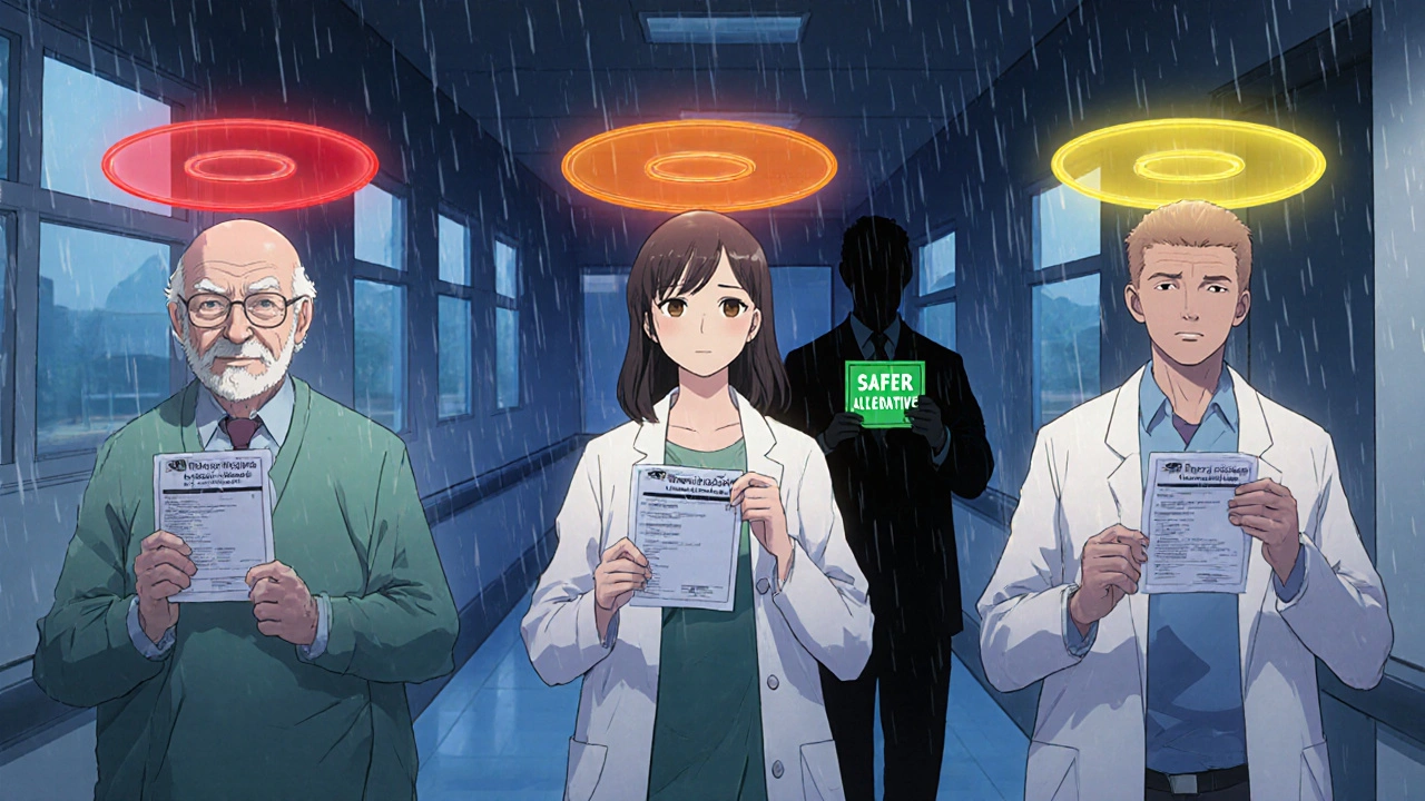 Three patients with colored risk auras above their heads, pharmacist offering safer alternative in hospital hallway at night.