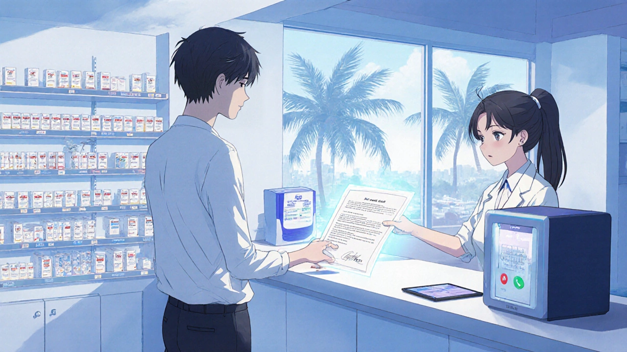 Traveler handing doctor&#039;s letter to pharmacist in Bangkok pharmacy, insulin cooler on counter.