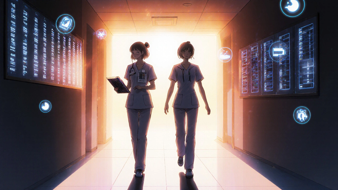 Two nurses walking down a hospital corridor at dawn, using safety tools under bright circadian lighting.
