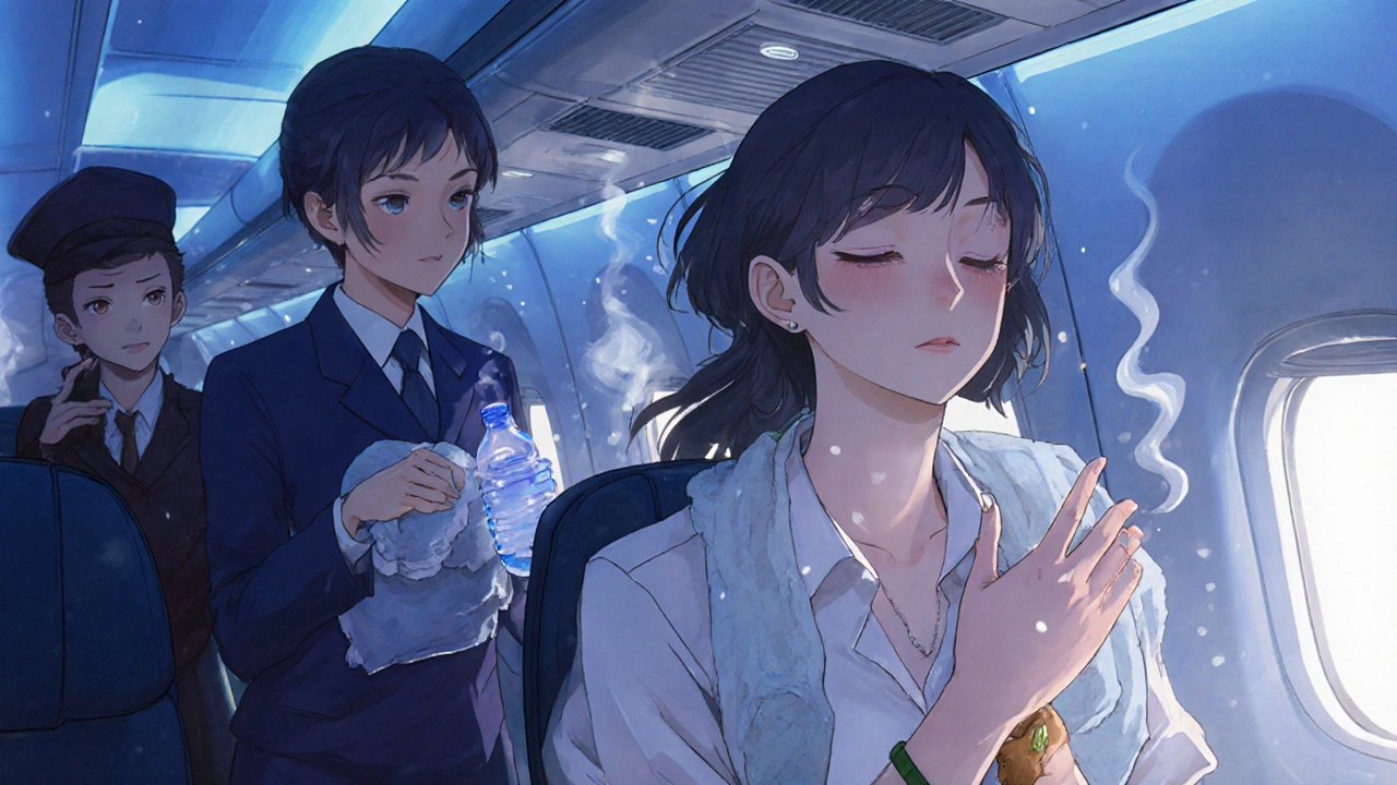 Woman breathing calmly on a plane, holding ginger candy and wristband as flight attendant offers a towel.