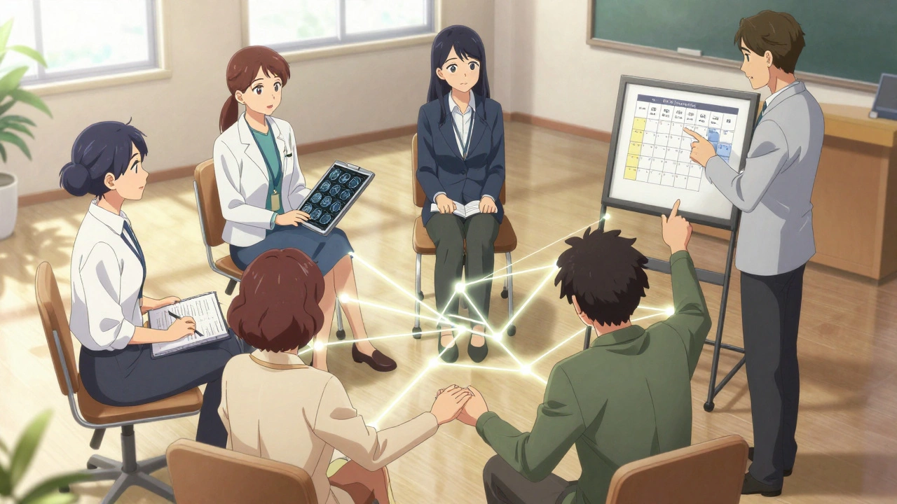 A coordinated care team working together with glowing connections in a sunlit room.