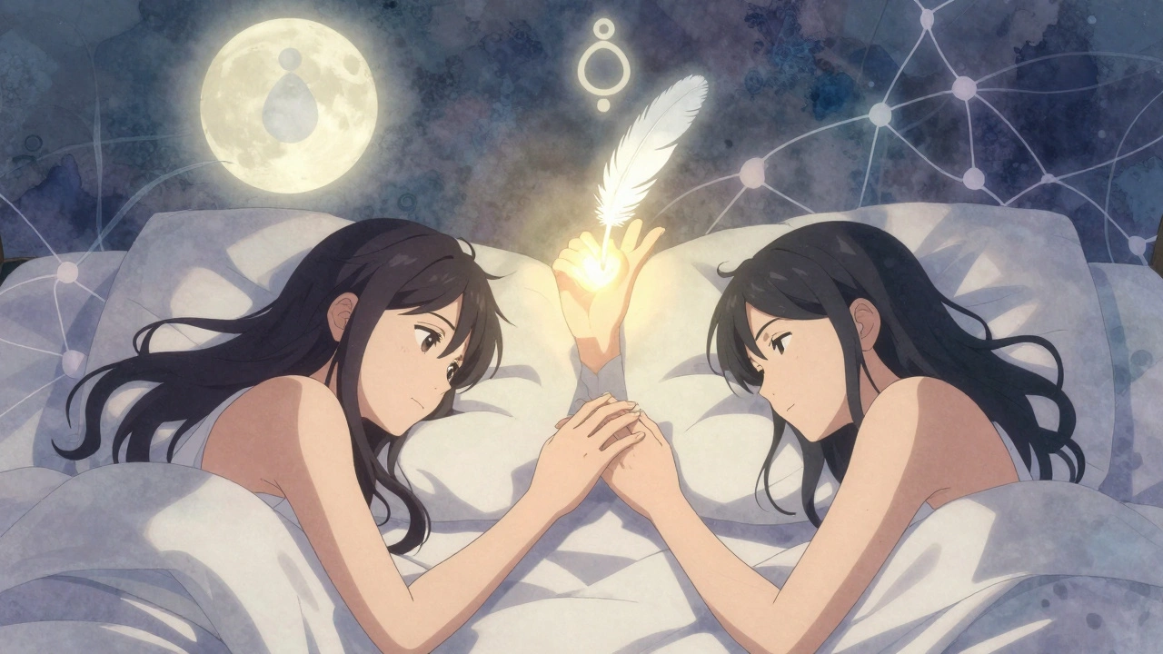 A couple gently touches hands in moonlight, symbolizing reconnecting through sensate focus therapy without pressure.