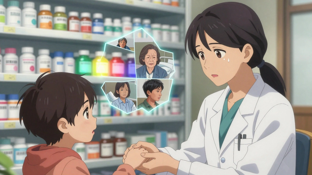 A doctor comforts a crying patient as floating pill bottles show brand vs. generic fears.