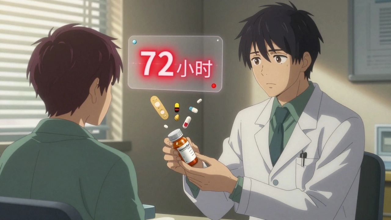 A doctor giving a prescription for valacyclovir to a patient, with a floating 72-hour countdown timer above them.