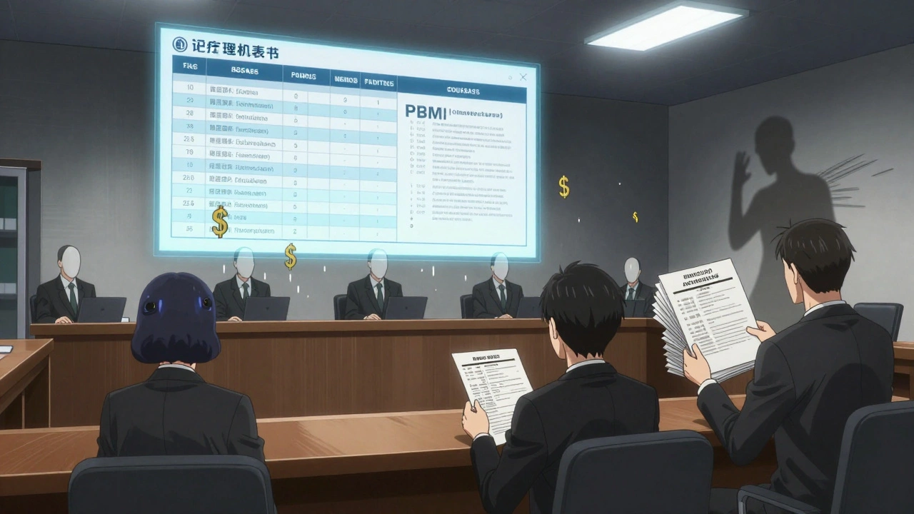 A doctor presenting medical records to a faceless PBM panel amid floating formularies and denied appeals.