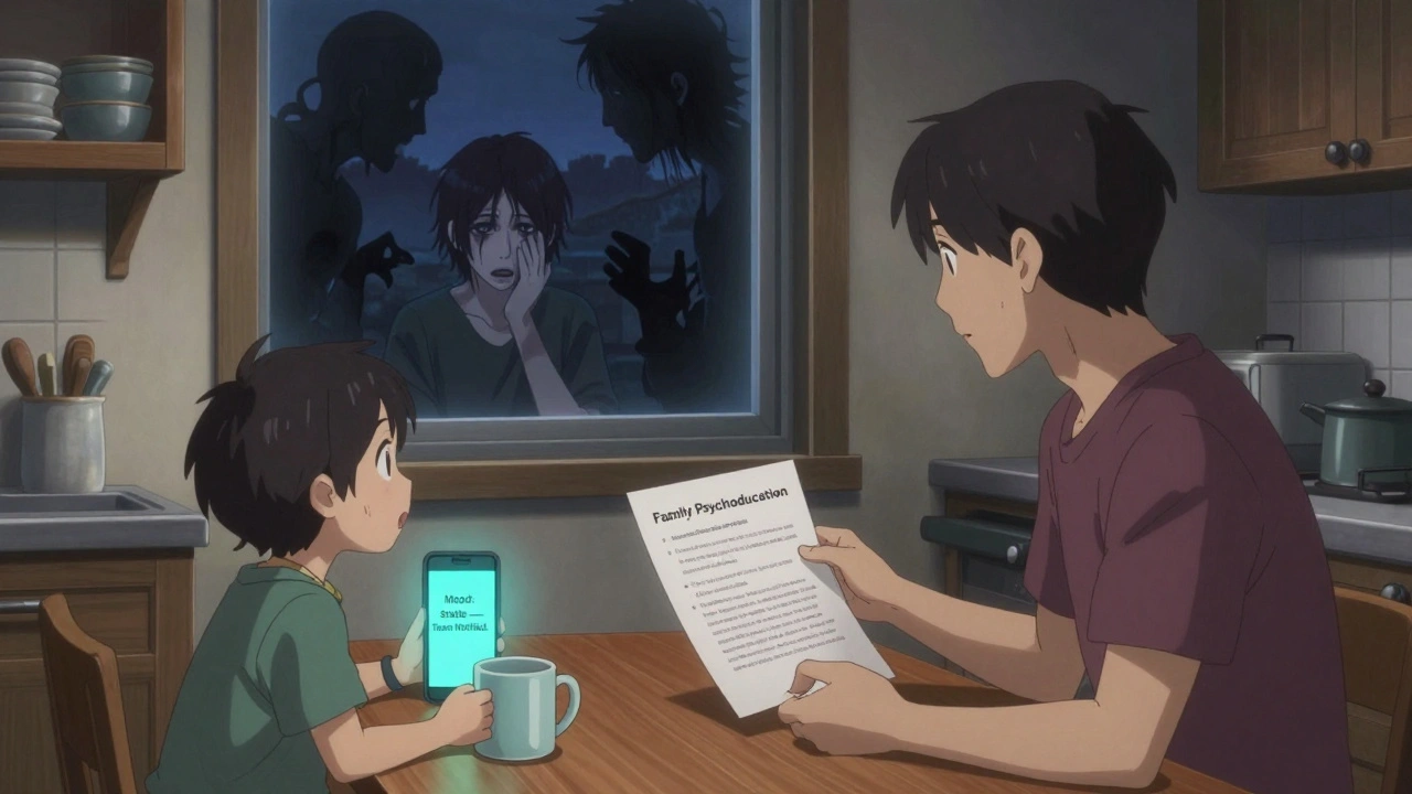 A family supports a loved one with psychosis at the kitchen table, calm and connected.