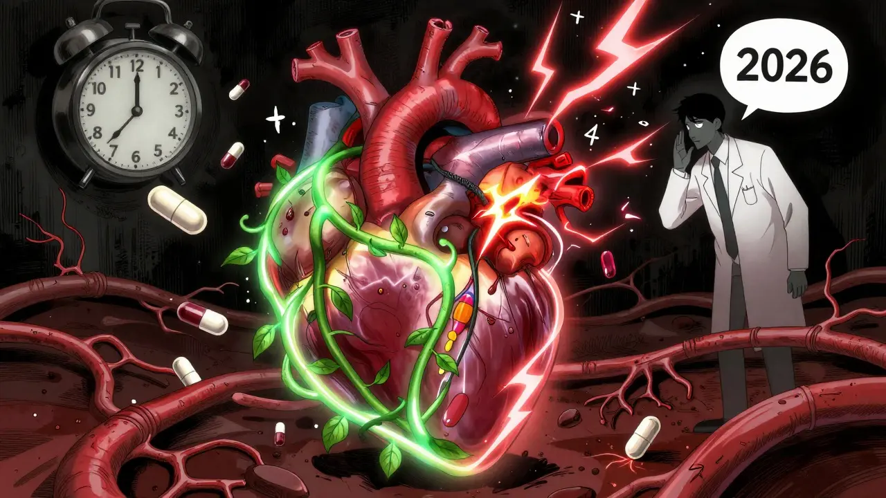 A heart depicted as a battlefield between calming green vines and explosive red lightning from stimulants and caffeine.
