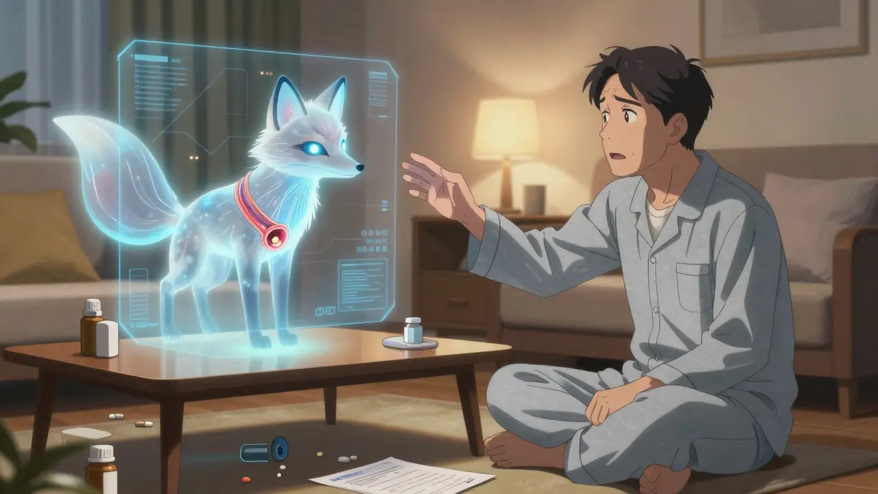 A man watches a holographic fox explain a stent procedure in his living room.