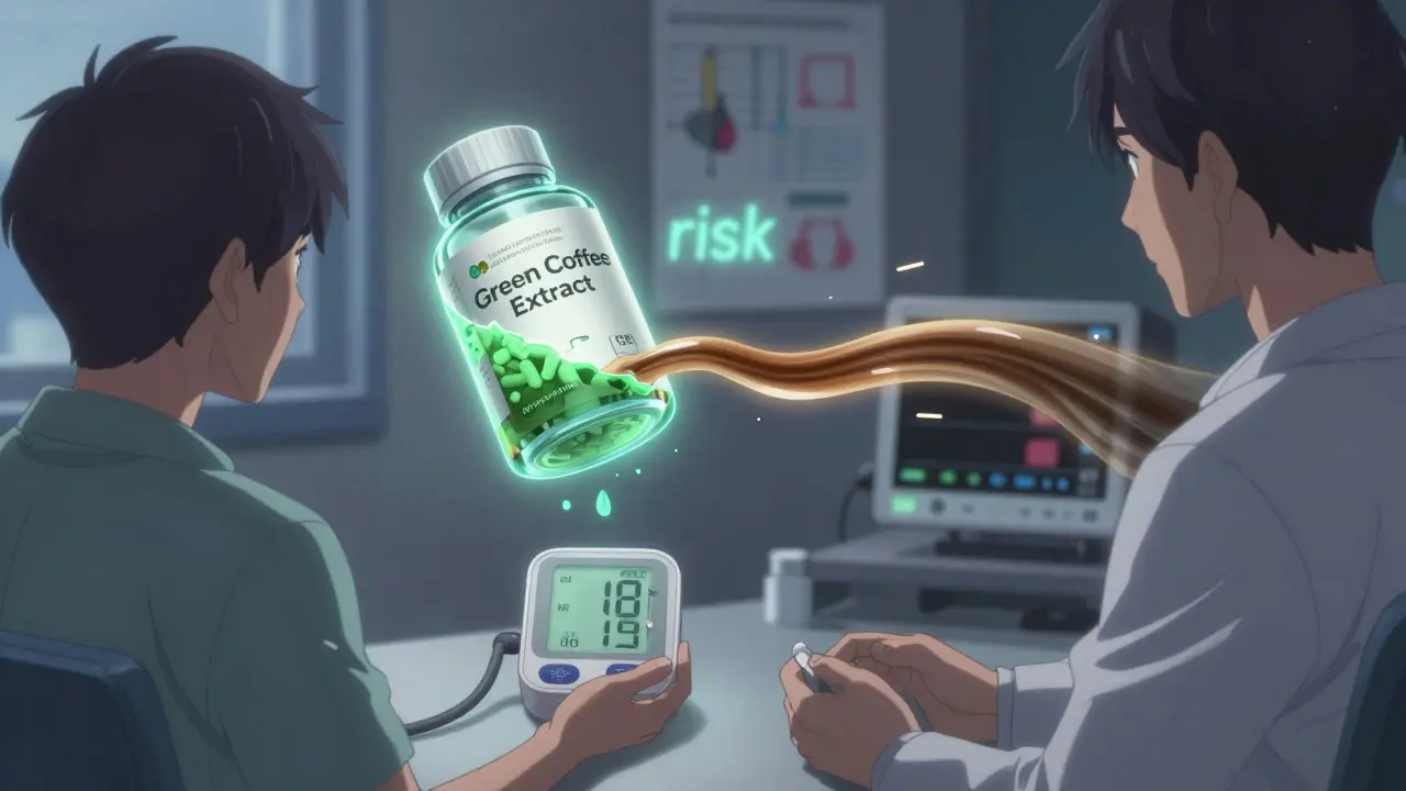 A patient checking blood pressure at home while a supplement bottle emits opposing forces representing caffeine and chlorogenic acids.