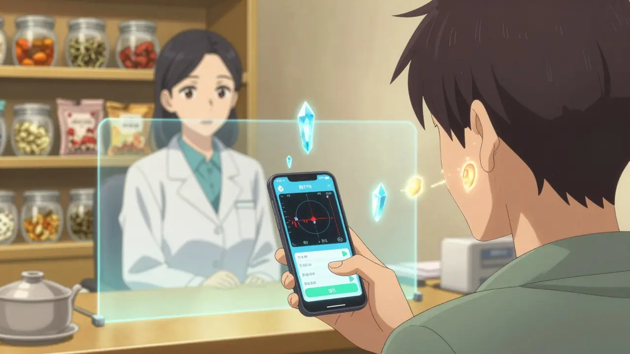 A patient using a smartphone app to track vertigo therapy with holographic eye movement data.