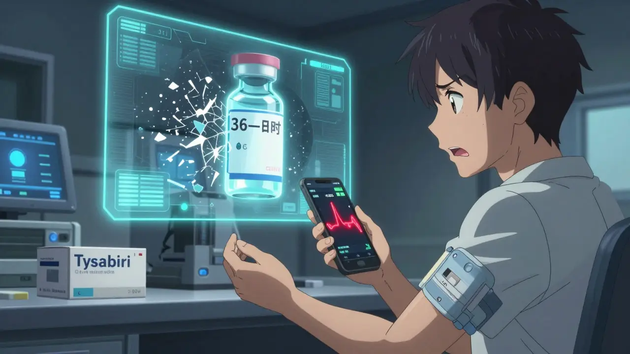 A patient watches a real-time tracking alert on their phone showing a dangerous temperature spike in their medication shipment.