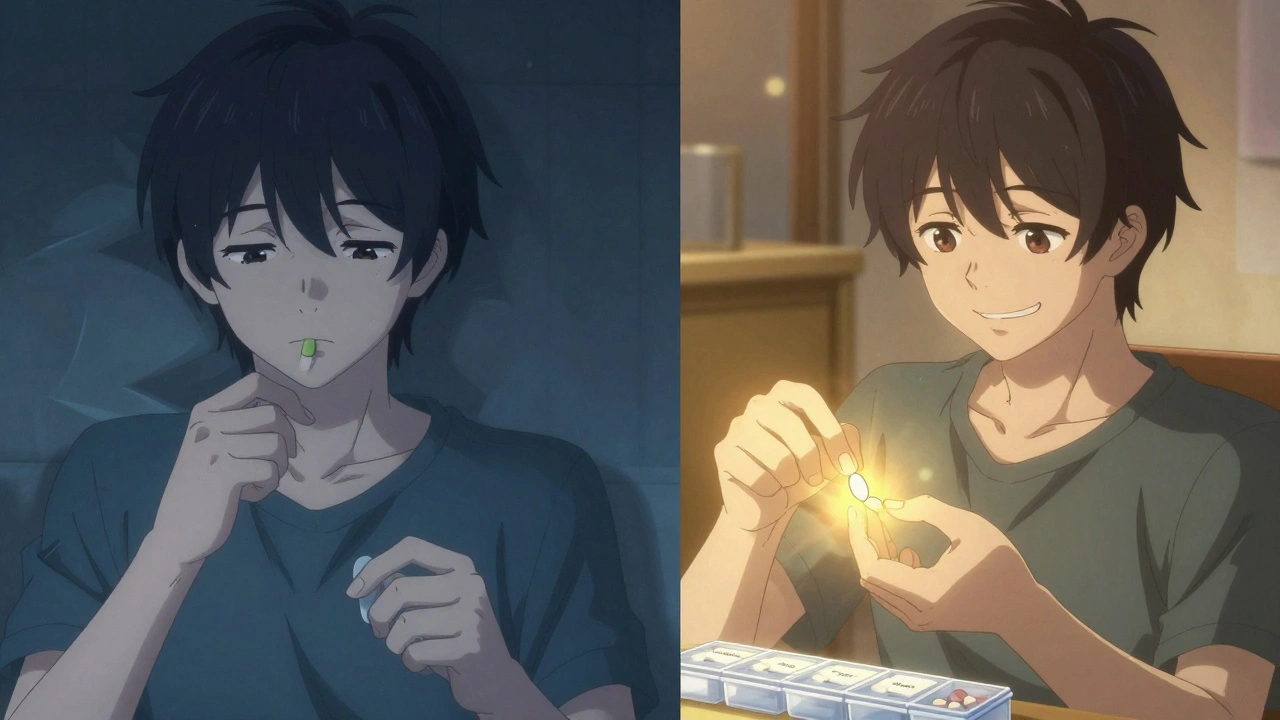 A person adds bupropion to their medication routine, with a symbolic golden glow representing improved sexual well-being.