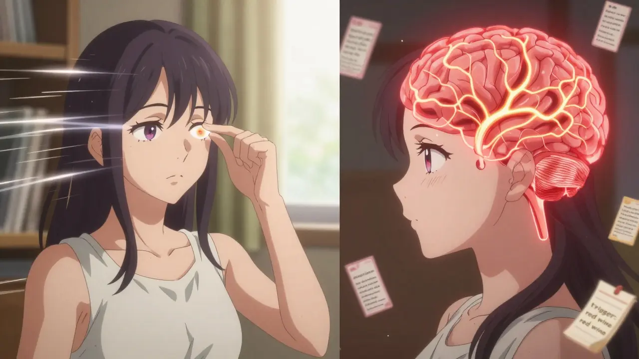 A woman doing gaze stabilization exercises as neural pathways light up in her brain.