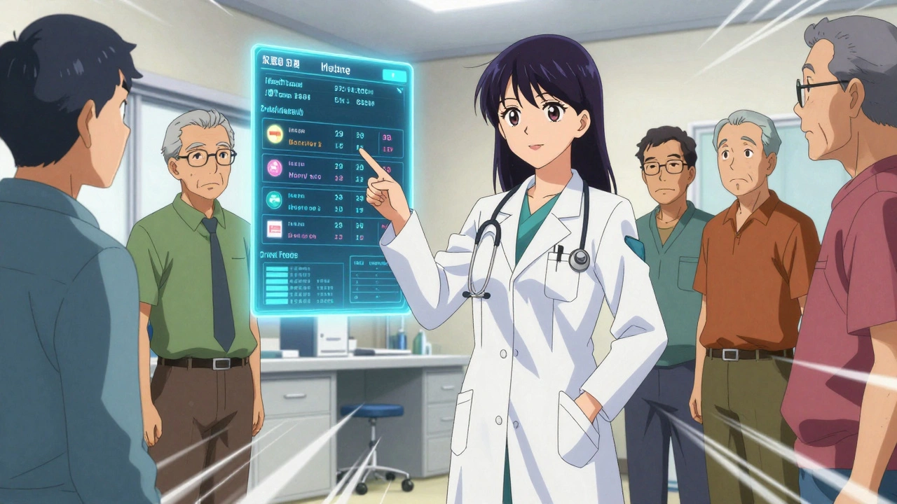 A young female doctor presents data on generics to skeptical older colleagues in a clinic.