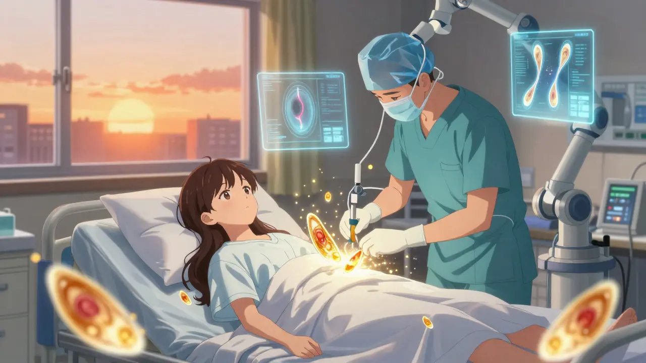 A young girl in bed with glowing ovarian tissue fragments floating around her as surgeons perform a procedure.