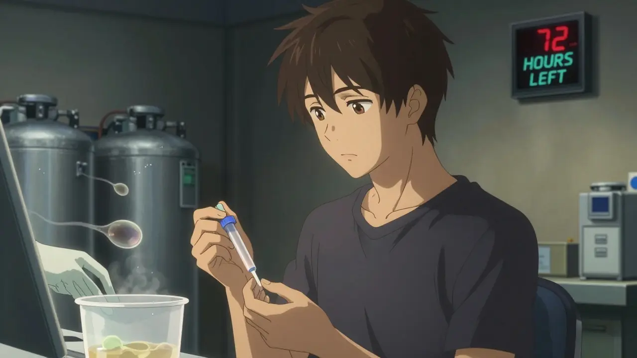 A young man banking sperm in a quiet room, with liquid nitrogen tanks and a countdown clock in the background.