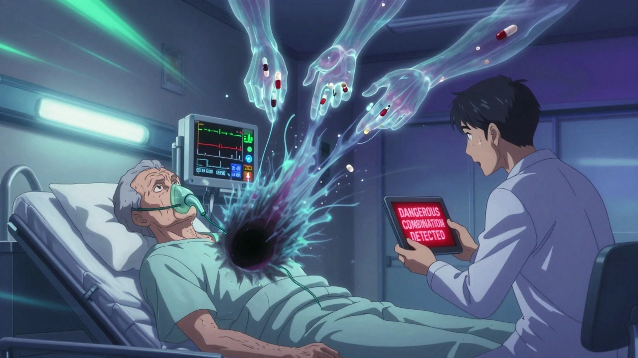 An elderly man in emergency room with ghostly hands pulling his life force as vitals flatline, medical alert glowing on screen.