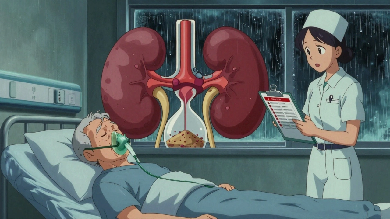 An elderly patient in a hospital bed with a kidney diagram showing lithium buildup and red alert results.