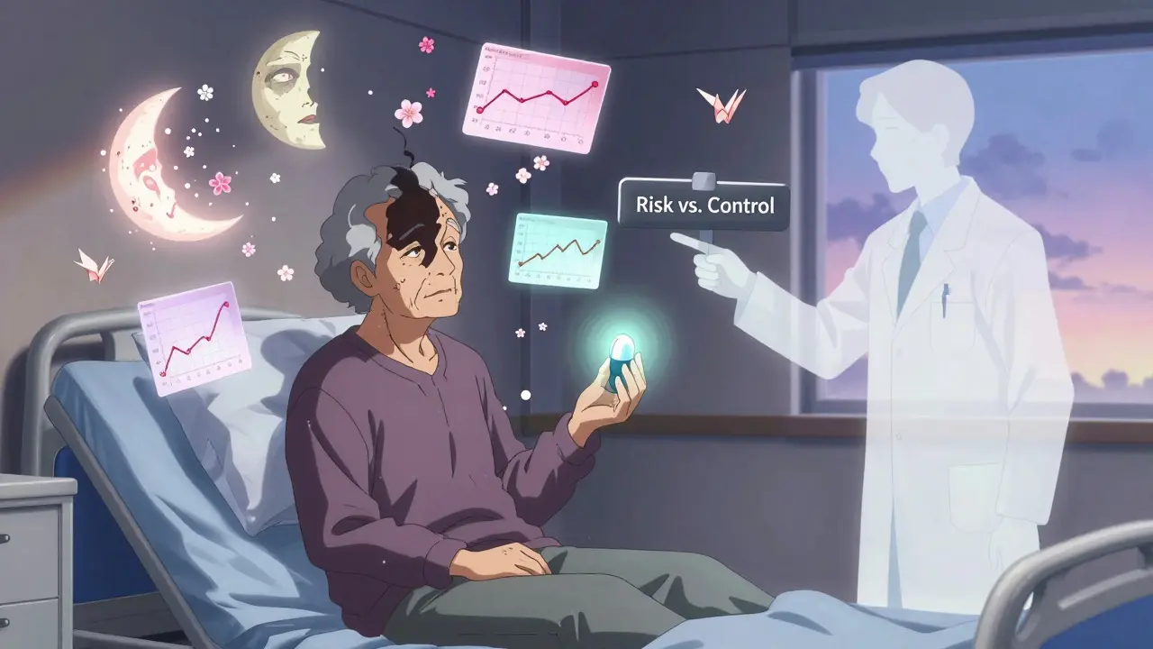 An elderly patient surrounded by floating health risks, holding both steroids as shadows and light represent their differing long-term impacts.