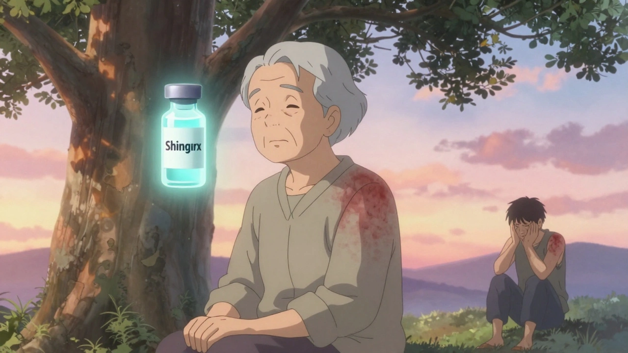 An elderly person at peace with a glowing Shingrix vaccine above them, while a faded shingles rash disappears in the background.